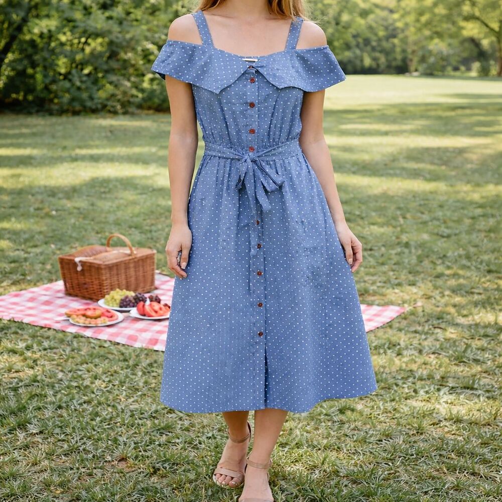 Mo : Vint New York Blue Polka Dot Dress Small Summer Fit & Flare